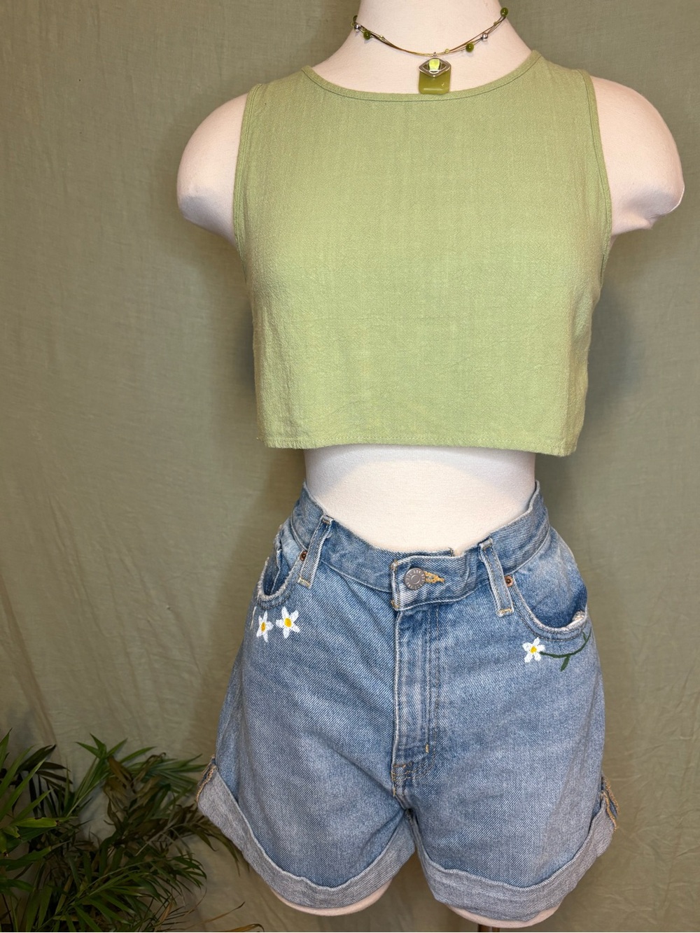 Green Cropped Tank 100% Cotton